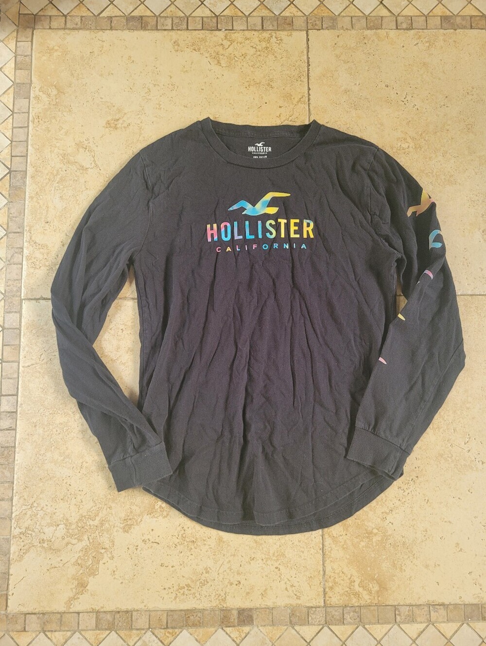 Hollister Black Long Sleeve Logo Tee with Iridescent Logo